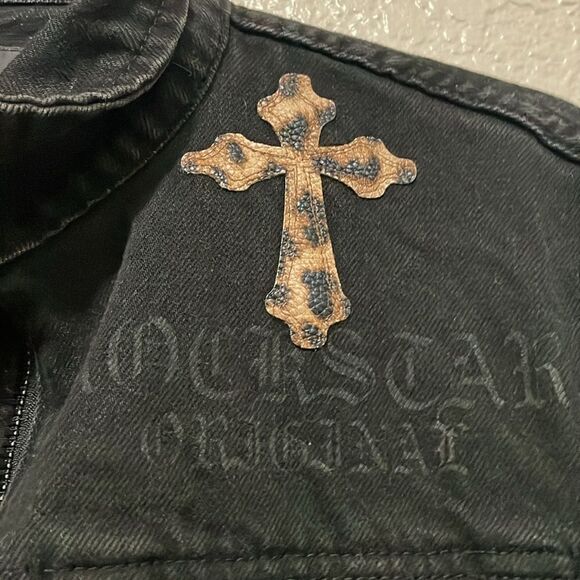 Rockstar Original Exo Patchwork Black Denim Trucker Jacket Size Small - Picture 3 of 10